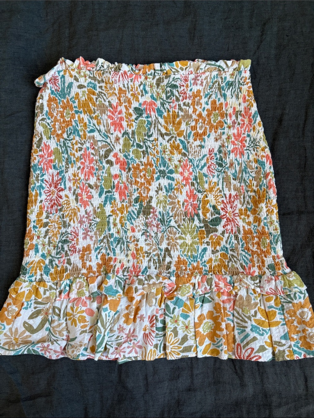 Promesa White Floral Smocked Mini Skirt with Mustard, Coral & Teal